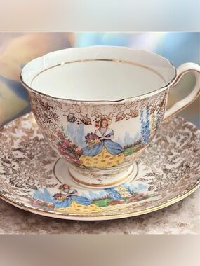 Vintage Colclough Bone China Teacup & Saucer Crinoline Lady Floral Gold Gilt